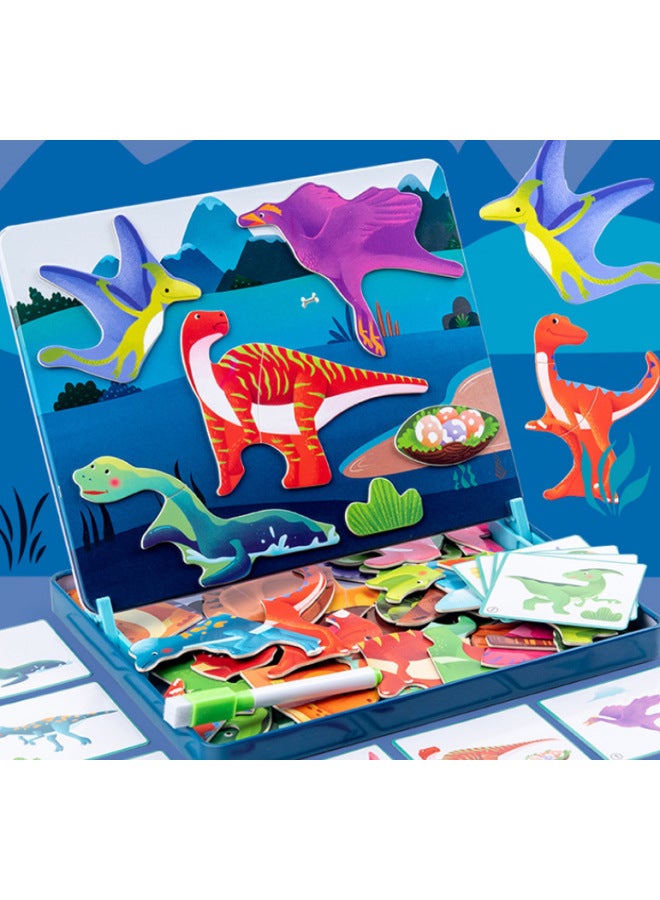 Magnetic Wooden Puzzle Box For Children Early Education Erasable And Paintable Brain Teaser Toy In Iron Case Educational Toys-Color:qy-dinosaur World - Image 1